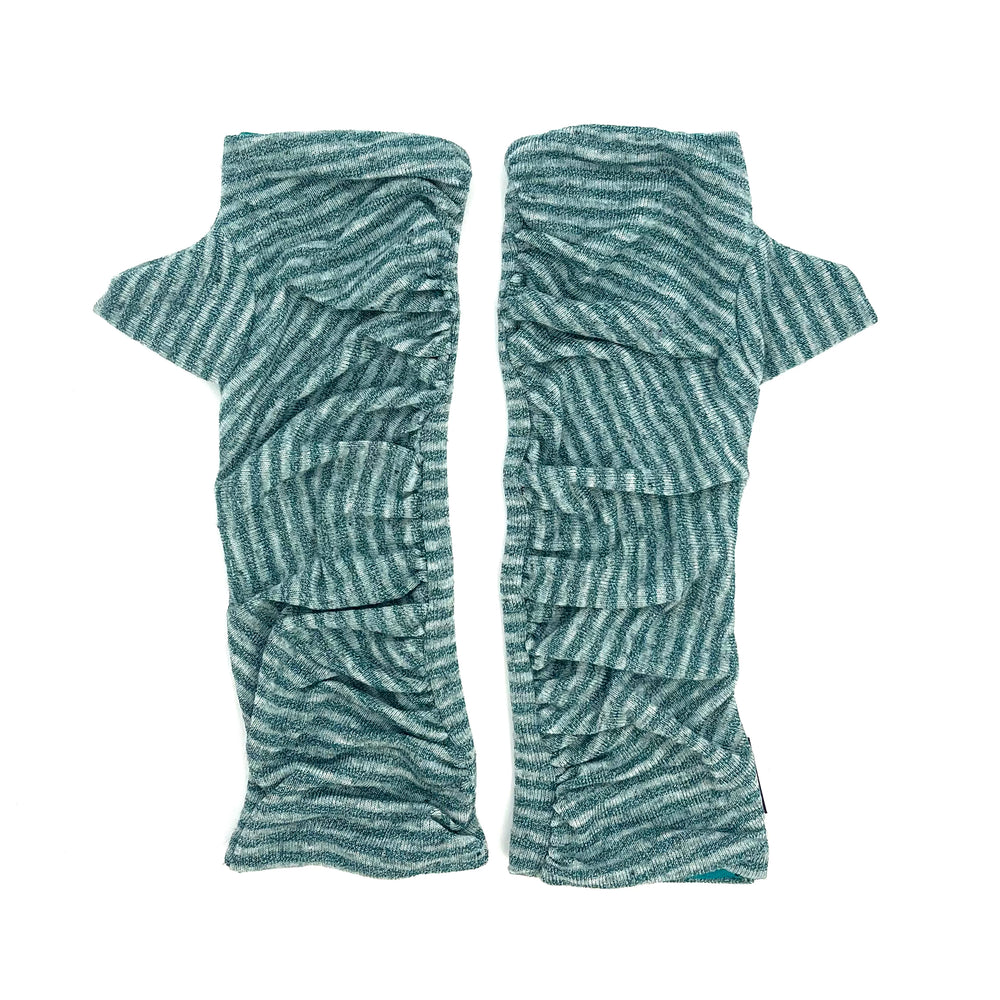 Bizou Wrist Warmers in green agave color way, front view – upcycled jersey fingerless gloves