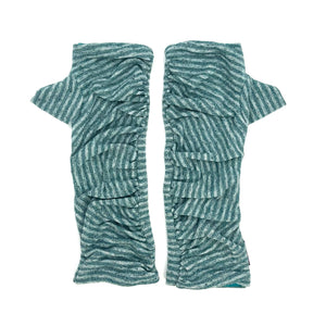 Bizou Wrist Warmers in green agave color way, front view – upcycled jersey fingerless gloves