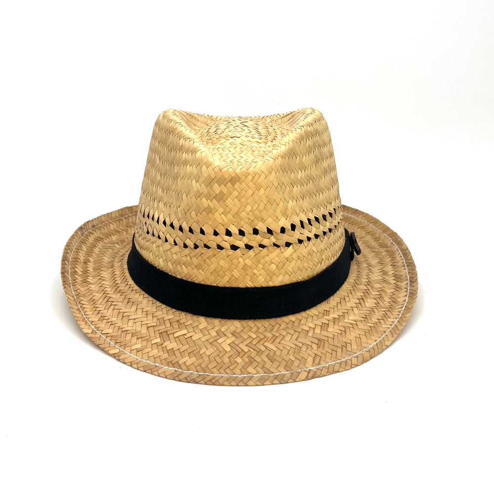 Front view of the Cinnamon Charlie Fedora, sustainable straw hat with black cotton twill band and coconut button.