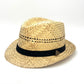 Side profile of Charlie Fedora straw hat, featuring tear drop crown and eco-friendly materials.