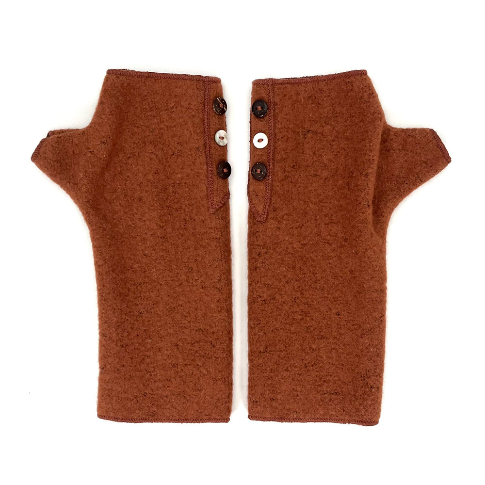 Coco Wrist Warmers in orange nutmeg color front view – recycled fabric eco-friendly gloves