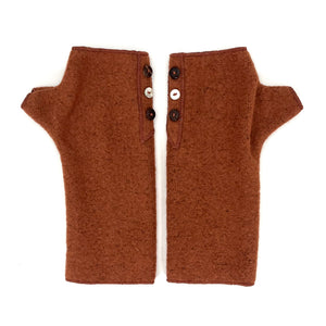Coco Wrist Warmers in orange nutmeg color front view – recycled fabric eco-friendly gloves