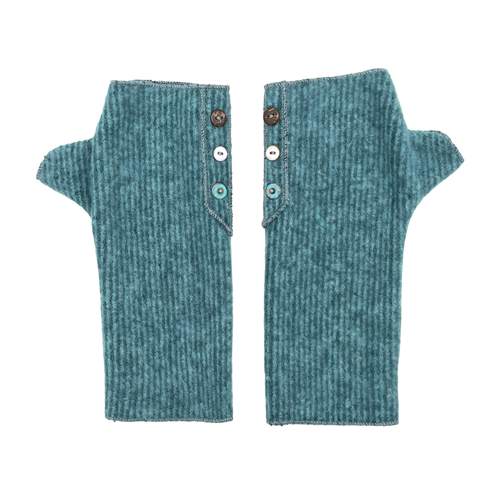 Coco Wrist Warmers in sapphire teal color front view – recycled fabric eco-friendly gloves
