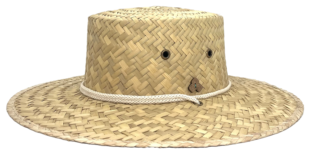 Side Front view of Cordoba Palm Straw Sun Hat with wide brim and adjustable chin strap, handmade from sustainable straw.