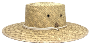 Side Front view of Cordoba Palm Straw Sun Hat with wide brim and adjustable chin strap, handmade from sustainable straw.