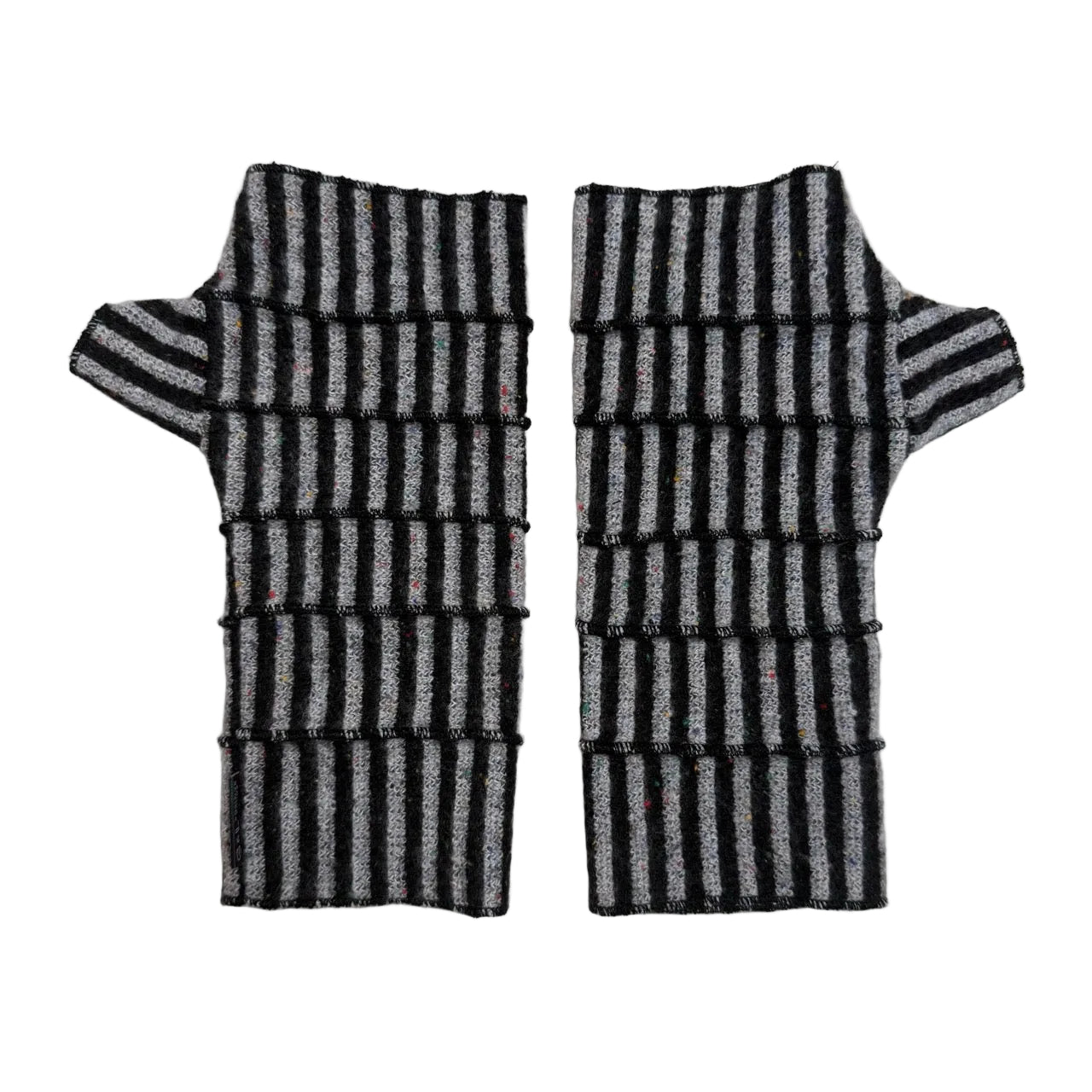 A pair of fingerless knit gloves with a black and gray striped pattern, laid flat on a white background.