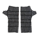 A pair of fingerless knit gloves with a black and gray striped pattern, laid flat on a white background.