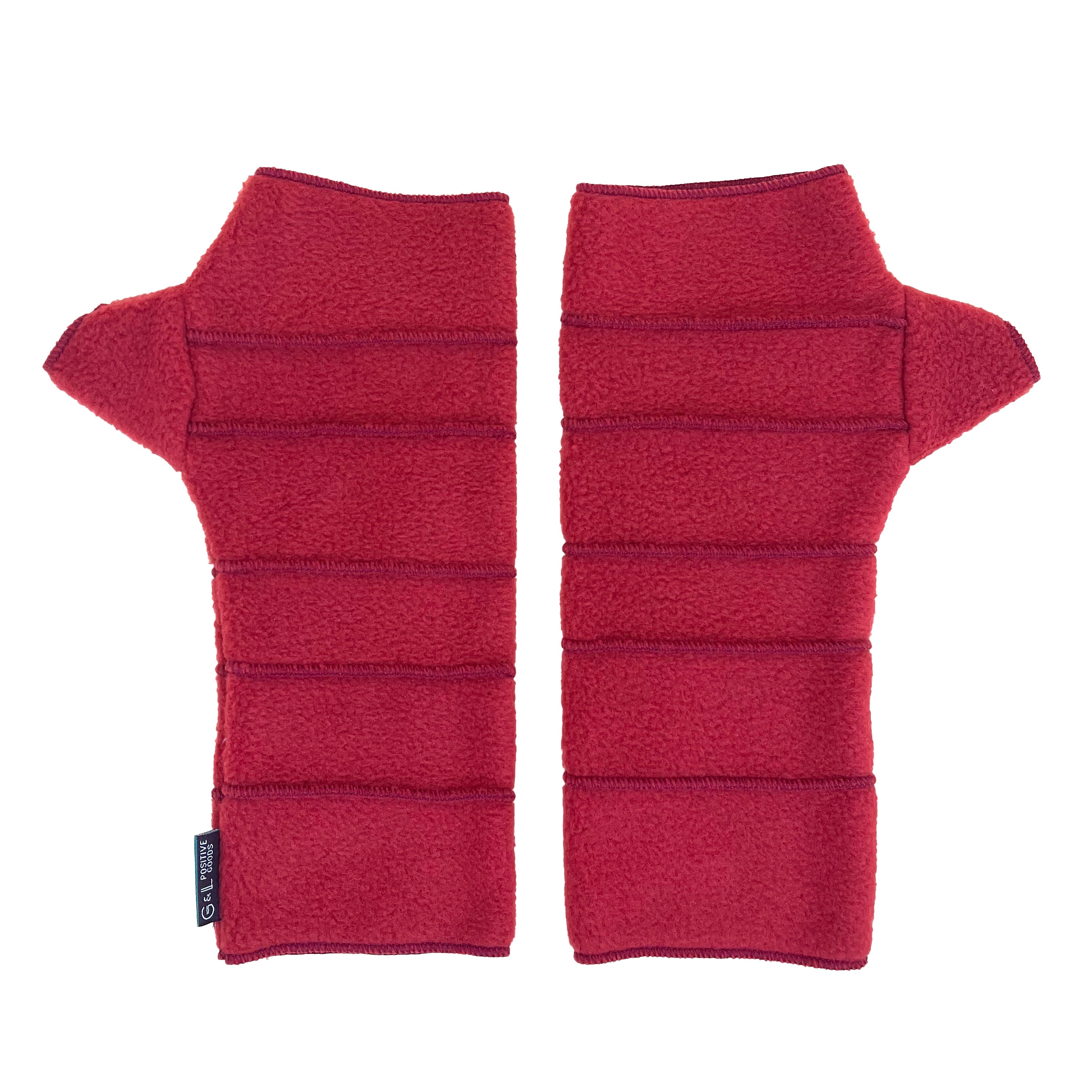 Crossroads Polar Fleece Wrist Warmers – Front View – Upcycled & Sustainable. burgundy wrist warmers on a white background
