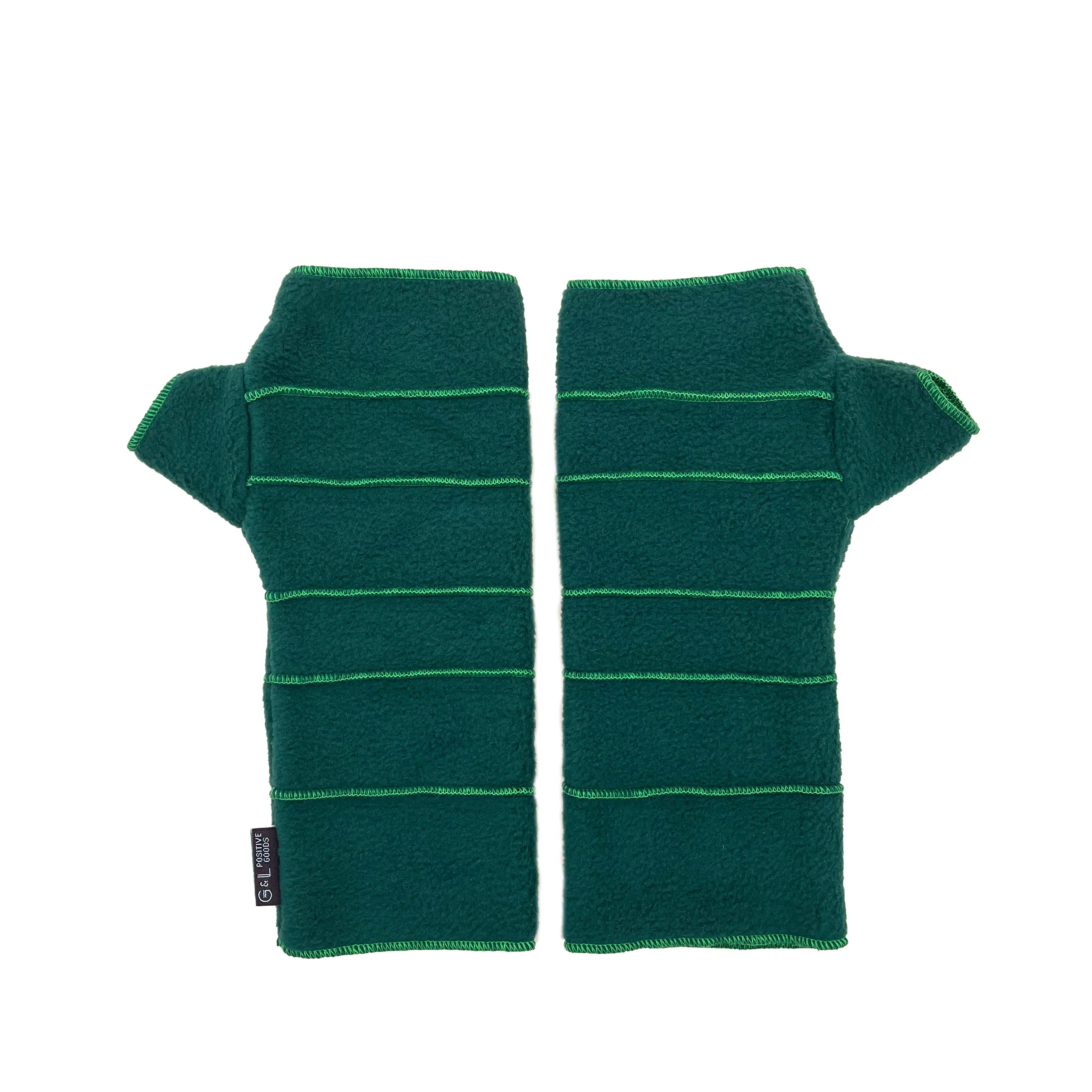 Crossroads Polar Fleece Wrist Warmers – Front View – Upcycled & Sustainable. Pair of green wrist warmers on a white background