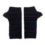 Crossroads Polar Fleece Wrist Warmers – Front View – Upcycled & Sustainable. Black fingerless gloves with red stitching
 on a white background