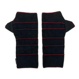 Crossroads Polar Fleece Wrist Warmers – Front View – Upcycled & Sustainable. Black fingerless gloves with red stitching
 on a white background