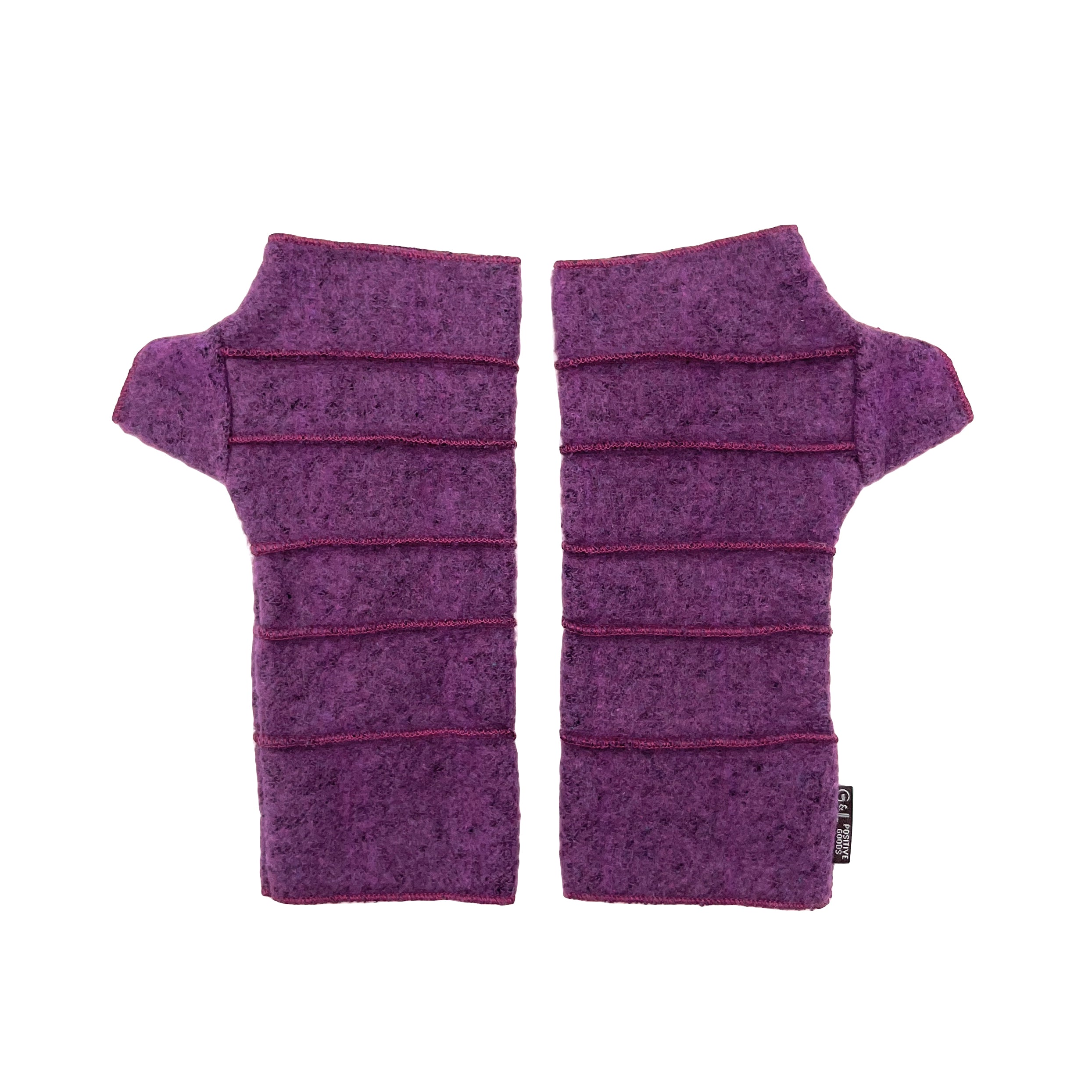 Pair of purple fingerless gloves on a white background