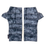 Crossroads Polar Fleece Wrist Warmers – Front View – Upcycled & Sustainable. Pair of gray tie-dye wrist warmers on a white background