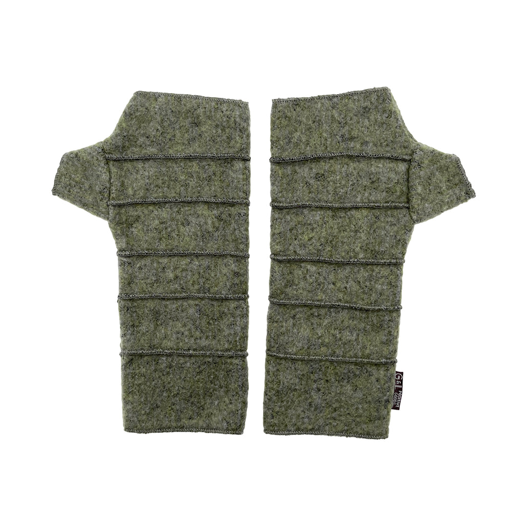 Crossroads Wrist Warmers in sage color way – front view of eco-friendly recycled gloves