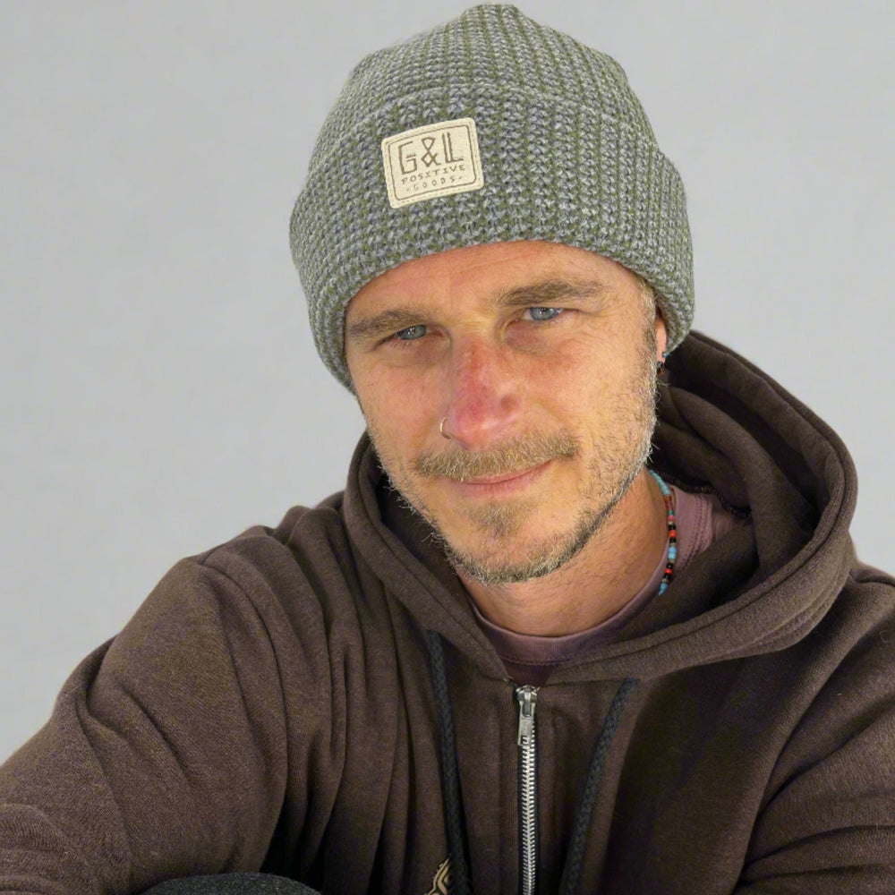 Denali Beanie in chive front view on male model – unisex waffle knit cold weather hat