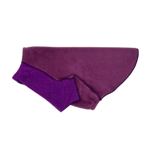 Dog Jacket plum wine color profile view – recycled Polartec fleece dog jacket. 