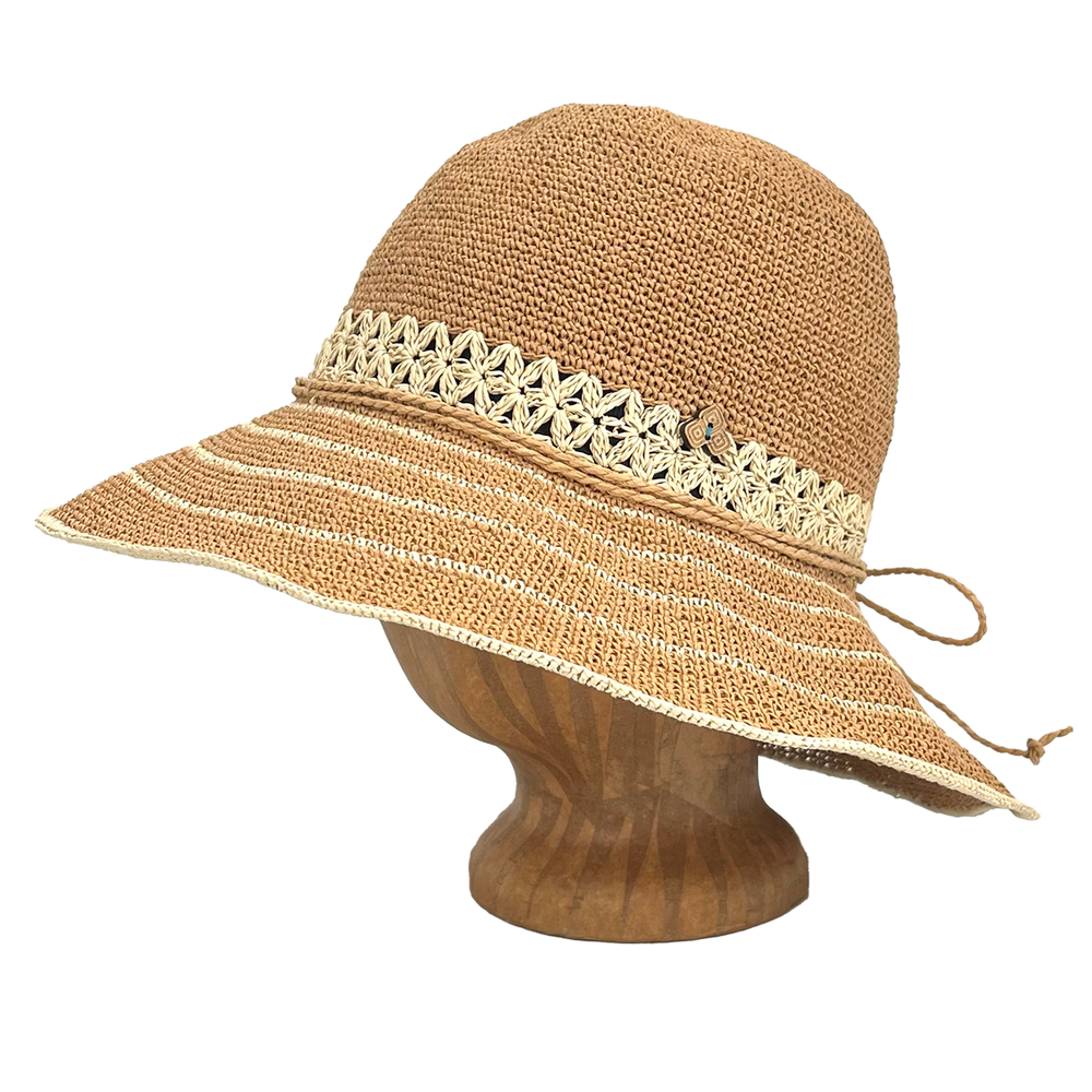 Side view of Brown Sugar Weave Frida Toyo Straw Sun Hat, hand-crocheted with wide brim and adjustable sweatband.