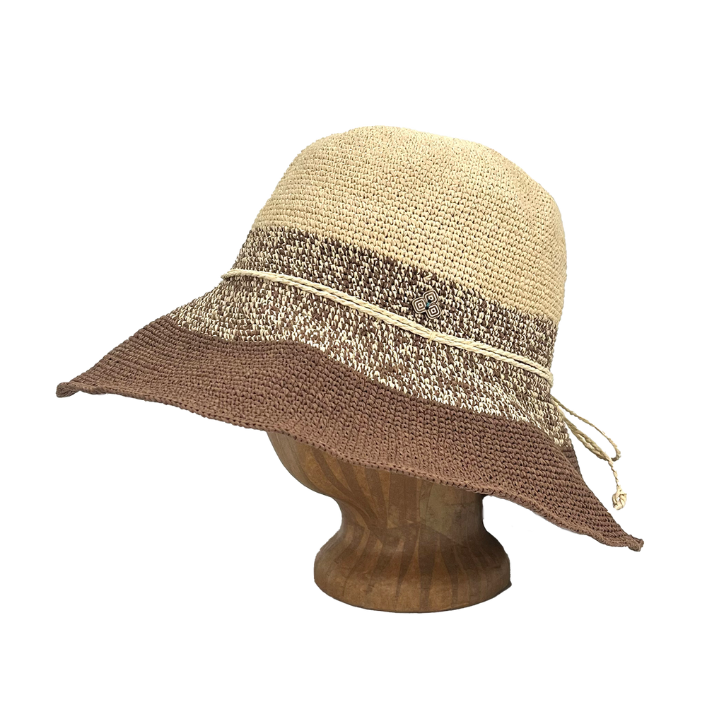 Side view of Choco Marl Weave Frida Toyo Straw Sun Hat, hand-crocheted with wide brim and adjustable sweatband.