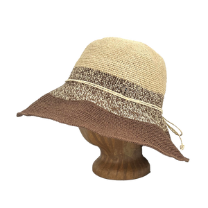 Side view of Choco Marl Weave Frida Toyo Straw Sun Hat, hand-crocheted with wide brim and adjustable sweatband.