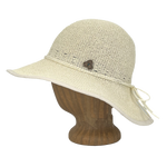 Side view of Creme Weave Frida Toyo Straw Sun Hat, hand-crocheted with wide brim and adjustable sweatband.