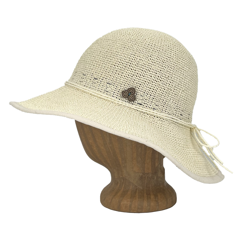 Side view of Creme Weave Frida Toyo Straw Sun Hat, hand-crocheted with wide brim and adjustable sweatband.