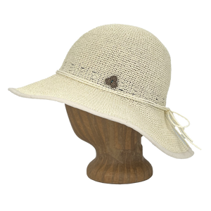 Side view of Creme Weave Frida Toyo Straw Sun Hat, hand-crocheted with wide brim and adjustable sweatband.
