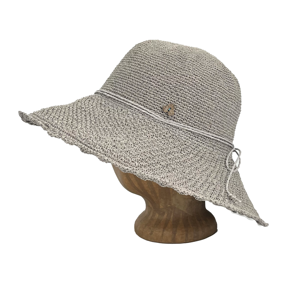 Side view of Graphite Weave Frida Toyo Straw Sun Hat, hand-crocheted with wide brim and adjustable sweatband.