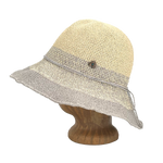 Side view of Grey Marl Weave Frida Toyo Straw Sun Hat, hand-crocheted with wide brim and adjustable sweatband.