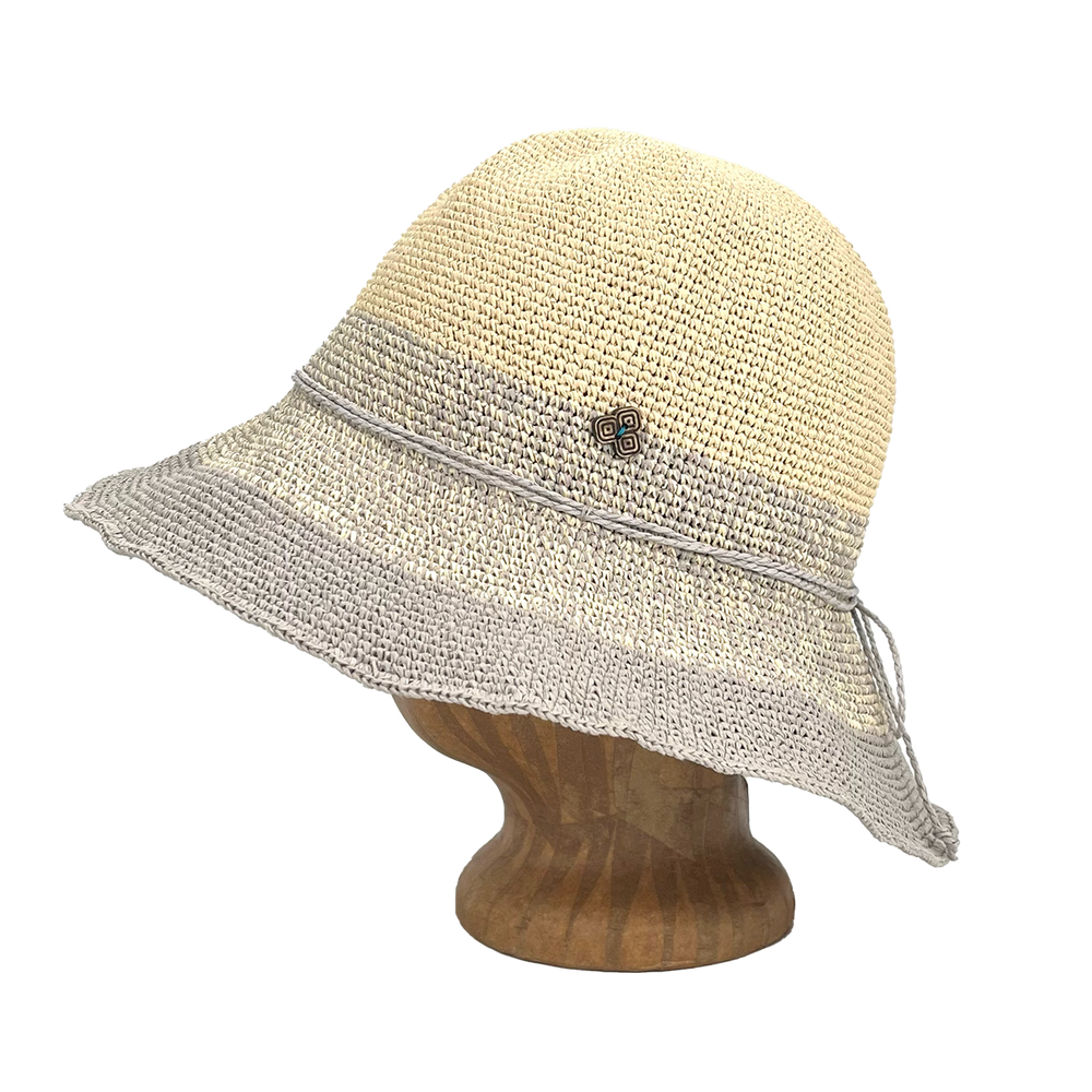 Side view of Grey Marl Weave Frida Toyo Straw Sun Hat, hand-crocheted with wide brim and adjustable sweatband.