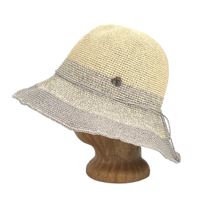 Side view of Grey Marl Weave Frida Toyo Straw Sun Hat, hand-crocheted with wide brim and adjustable sweatband.