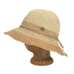 Side view of Tan Marl Weave Frida Toyo Straw Sun Hat, hand-crocheted with wide brim and adjustable sweatband.