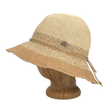 Side view of Tan Marl Weave Frida Toyo Straw Sun Hat, hand-crocheted with wide brim and adjustable sweatband.