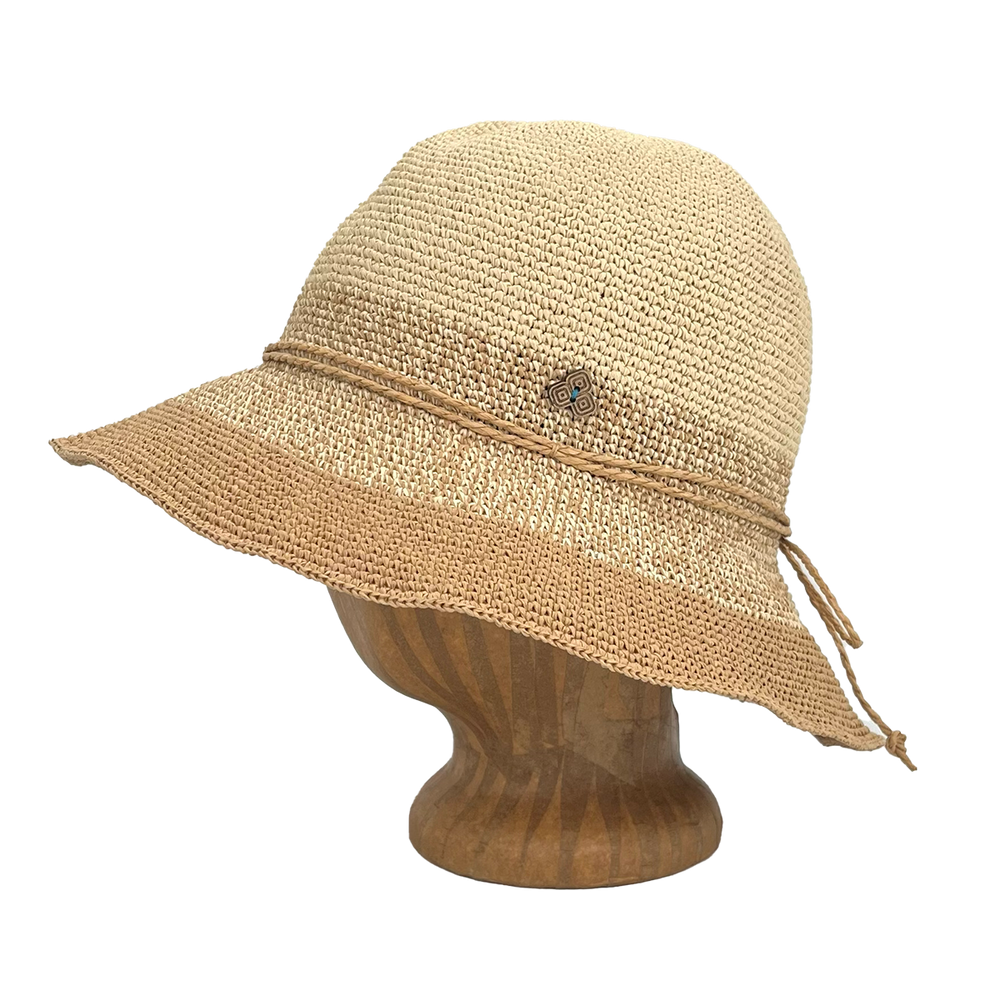 Side view of Tan Marl Weave Frida Toyo Straw Sun Hat, hand-crocheted with wide brim and adjustable sweatband.