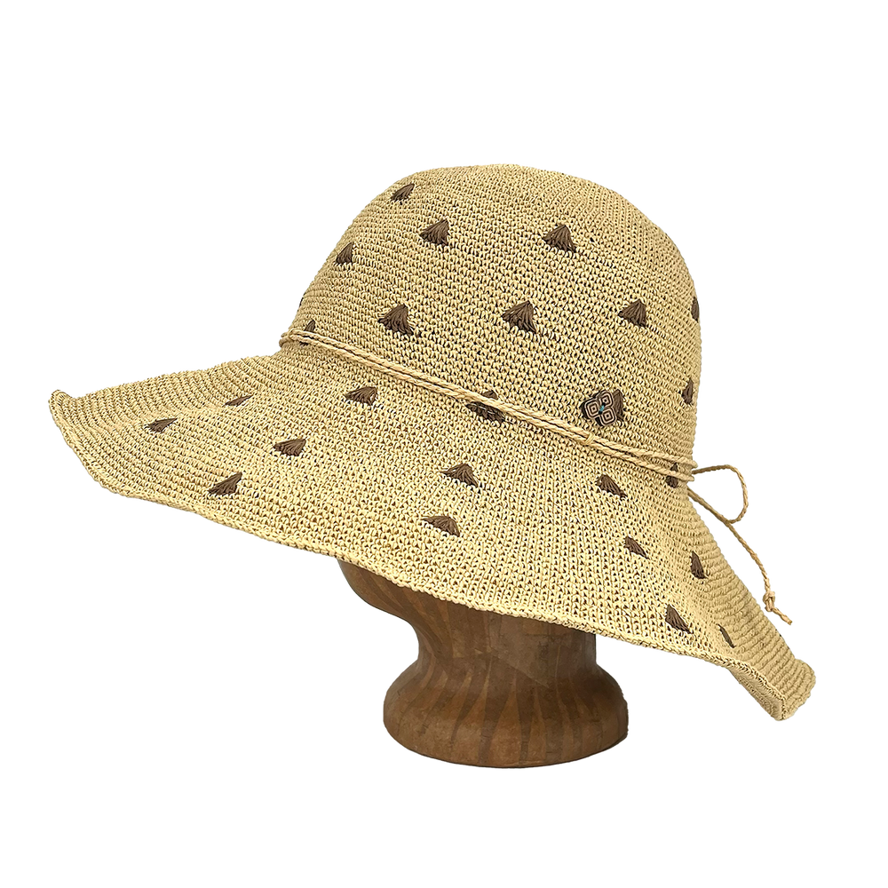 Side view of Triangles Weave Frida Toyo Straw Sun Hat, hand-crocheted with wide brim and adjustable sweatband.