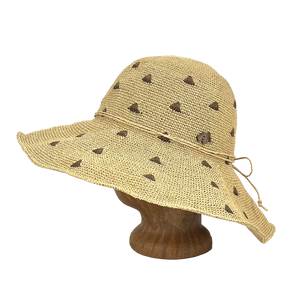 Side view of Triangles Weave Frida Toyo Straw Sun Hat, hand-crocheted with wide brim and adjustable sweatband.