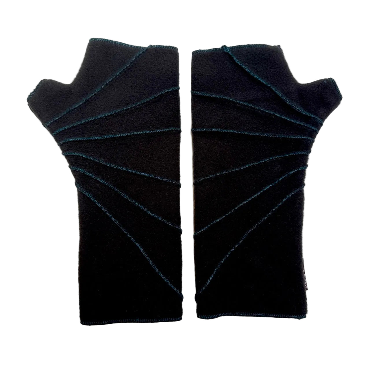 A pair of black fingerless gloves with diagonal dark teal stitching, laid flat on a white background.