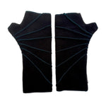 A pair of black fingerless gloves with diagonal dark teal stitching, laid flat on a white background.