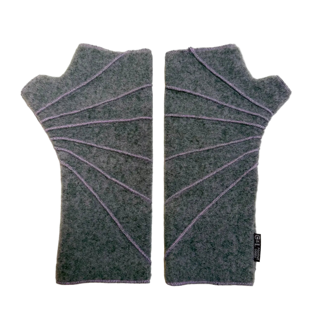 A pair of dark gray fingerless gloves with purple contrast stitching, laid flat on a white background.