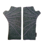 A pair of dark gray fingerless gloves with purple contrast stitching, laid flat on a white background.
