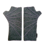 A pair of dark gray fingerless gloves with purple contrast stitching, laid flat on a white background.