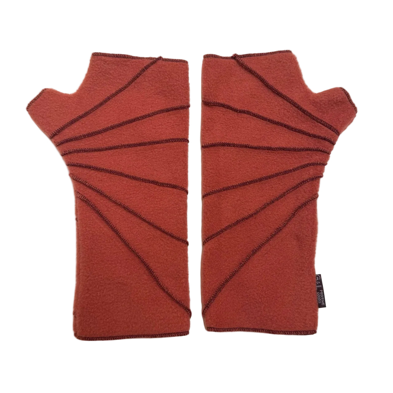 A pair of terracotta-colored fingerless gloves with dark brown diagonal striped patterns, laid flat on a white background.
