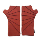A pair of terracotta-colored fingerless gloves with dark brown diagonal striped patterns, laid flat on a white background.