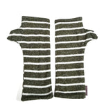 Gemini Wrist Warmers in olive green and white stripe colorway – front view showing lined upcycled cotton jersey fabric