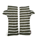 Gemini Wrist Warmers in olive green and white stripe colorway – front view showing lined upcycled cotton jersey fabric