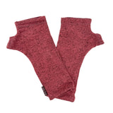 A pair of heathered burgundy fingerless knit gloves laid flat on a white background, with a small black brand tag visible near the cuff.