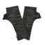 A pair of dark gray and black heathered ribbed knit fingerless gloves laid flat on a white background.