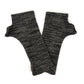 A pair of dark gray and black heathered ribbed knit fingerless gloves laid flat on a white background.