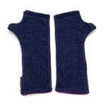 Gemini Wrist Warmers in abstract blue waffle colorway – front view showing lined upcycled cotton jersey fabric