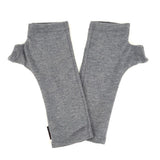 A pair of heather gray fingerless knit arm warmers laid flat on a white background.