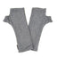A pair of heather gray fingerless knit arm warmers laid flat on a white background.